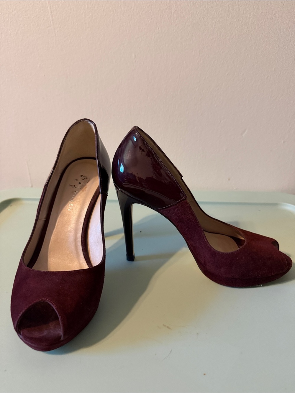Women's Burgundy Suede & Patent Peep-Toe High Heels